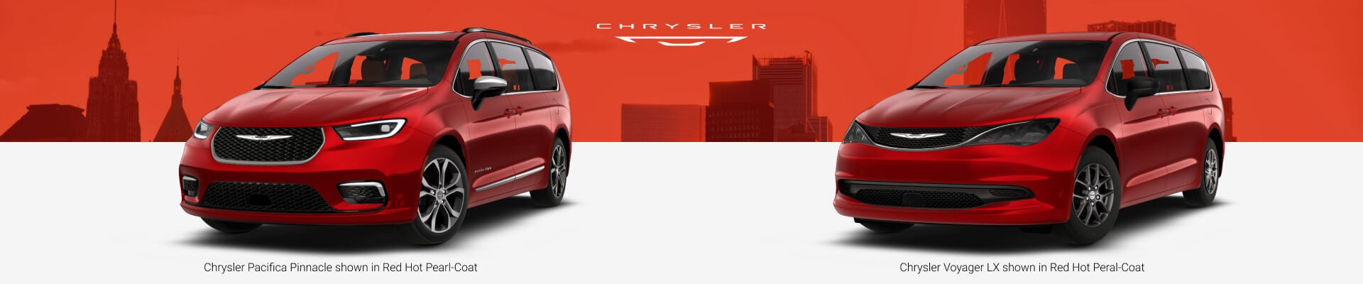 Front three-quarter view comparison of a 2026 Chrysler Pacifica Pinnacle and Chrysler Voyager LX, both in Red Hot Pearl-Coat against a skyline.