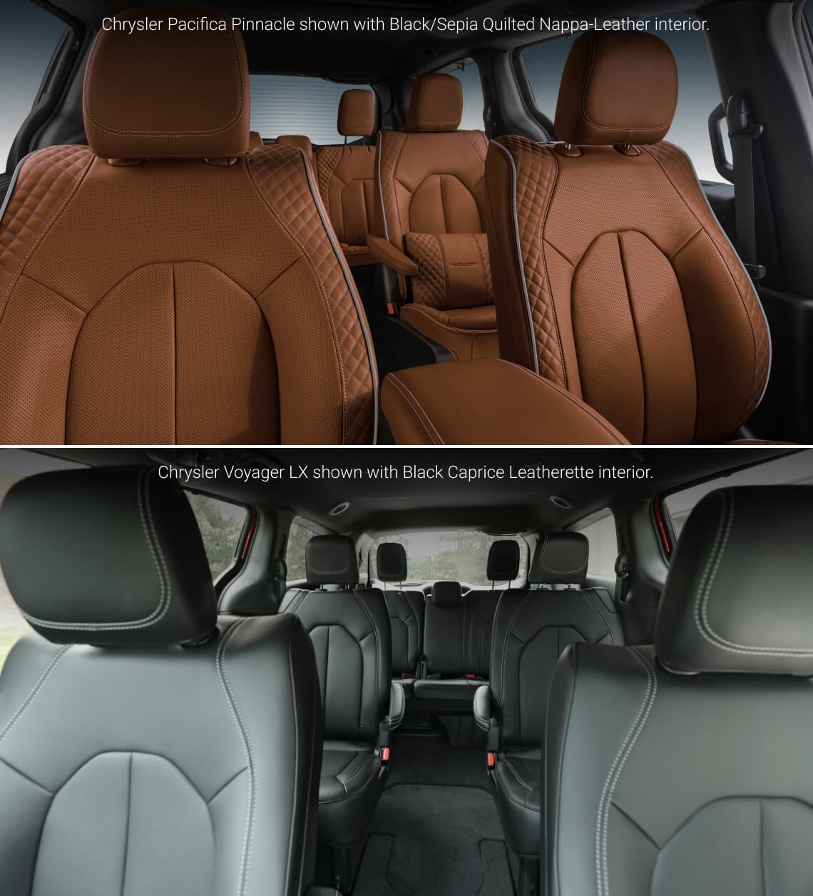 Interior view comparison of the 2026 Chrysler Pacifica Pinnacle with Black/Sepia Quilted Nappa Leather and 2026 Chrysler Voyager LX with Black Caprice Leatherette upholstery.